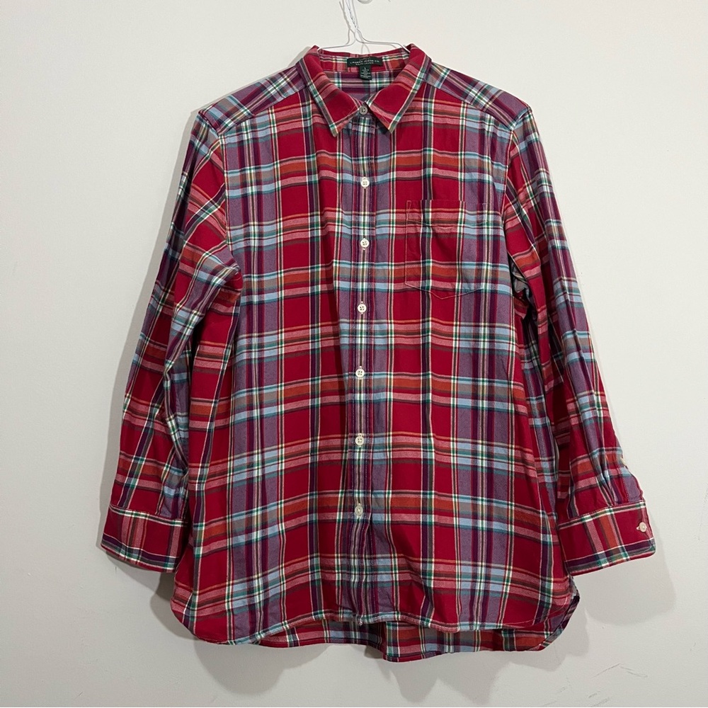 Ralph Lauren LRL Lauren Jeans Co Womens L Retro Plaid Shirt Flannel Red Holiday